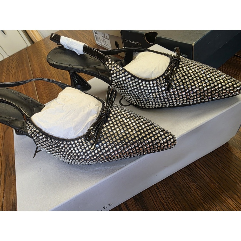 Aerosoles Janet Slingback Kitten Heels 7M Black Satin Rhinestone Pointed Toe